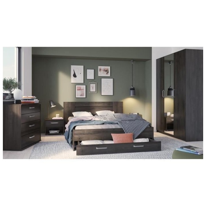 Lit adulte RICHMOND 140x190/200 cm - Décor chene Waterford - 1 Tiroir