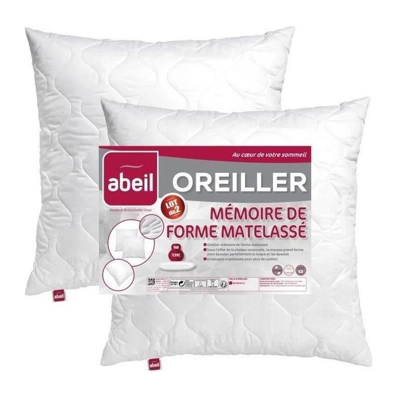 ABEIL Lot de 2 Oreillers a mémoire de forme matelassés- 60x60 cm - Blanc