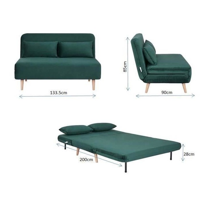 Banquette BZ 2 places - Style scandinave - Velours vert - L 130 x P 90