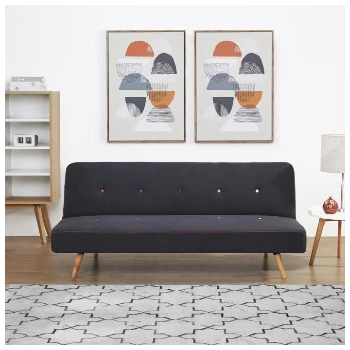 Clic-clac 3 places - Tissu Noir - Pieds bois naturel - L 180 x P 92 x