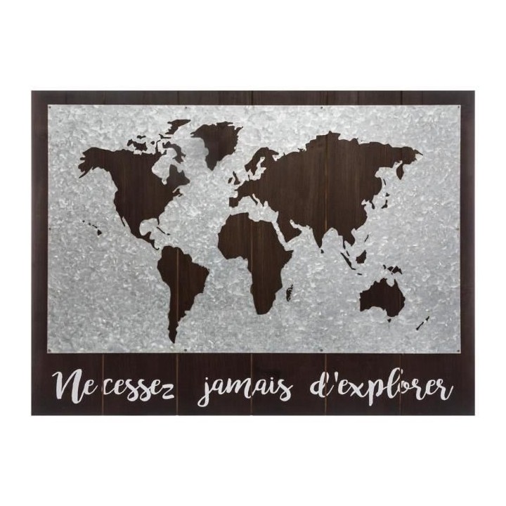 Décoration murale carte du monde en bois et zinc - 78 x 58 cm - Marro
