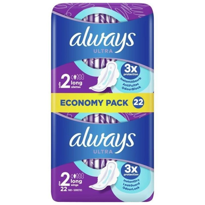 ALWAYS Ultra Serviettes Hygiéniques avec ailettes Long Taille 2 x22