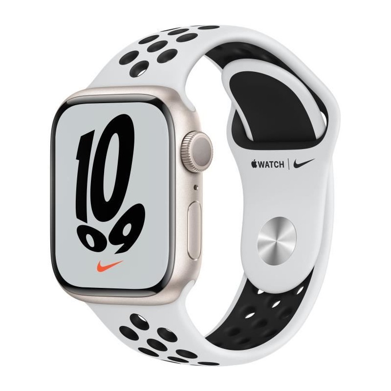 Apple Watch Nike Series 7 GPS - 41mm - Boîtier Starlight Aluminium - Bracelet Pure Platinum/Black Nike Sport Band - Regular