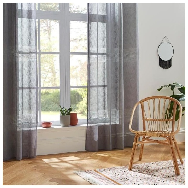 Voilage aspect lin avec motifs ajourés - 140 x 240 cm - Gris