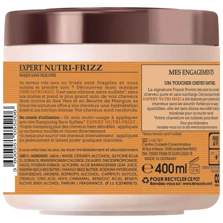 Masque professionnel FRANCK PROVOST Expert Nutri-Frizz - Pour cheveux