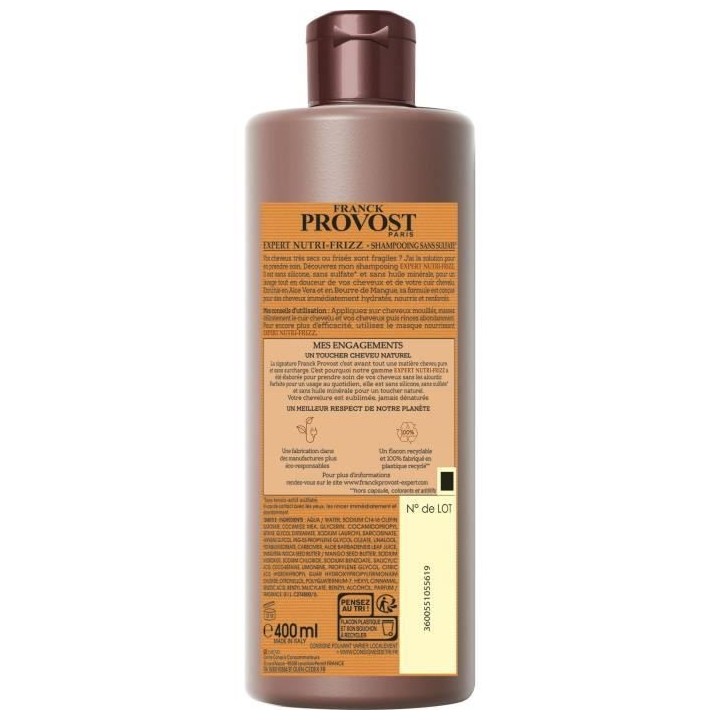 Shampooing FRANCK PROVOST Expert Nutri-Frizz - Aloe Vera et beurre de