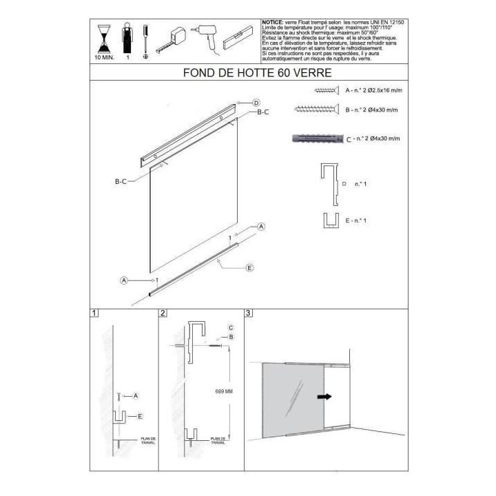 Fond de hotte en verre de 5mm d'épaisseur - Noir - 60x70cm