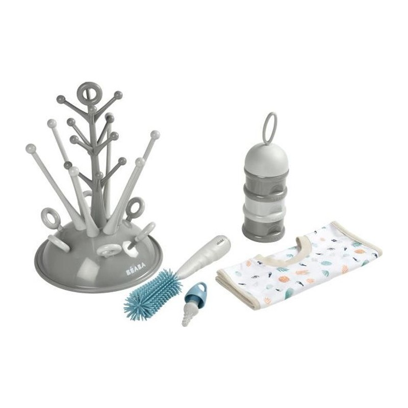 BEABA, Coffret naissance, Egoutte biberon arbre grey + Boite doseuses light/dark mist + Goupillon silicone + Bavoir coton tropic