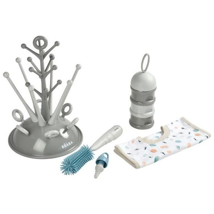 BEABA, Coffret naissance, Egoutte biberon arbre grey + Boite doseuses
