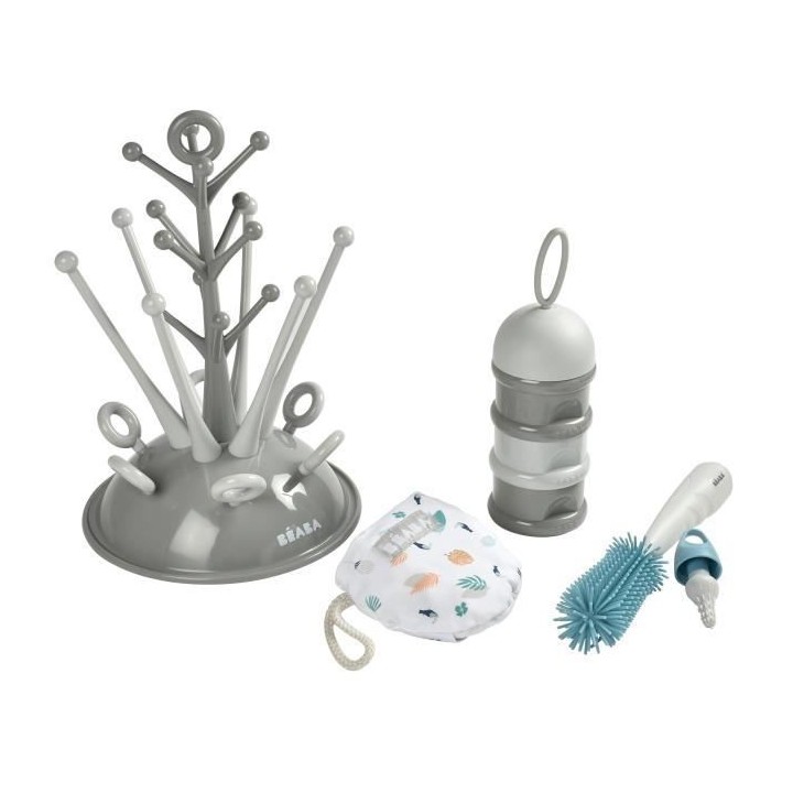 BEABA, Coffret naissance, Egoutte biberon arbre grey + Boite doseuses