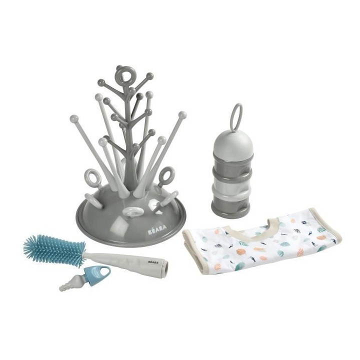 BEABA, Coffret naissance, Egoutte biberon arbre grey + Boite doseuses