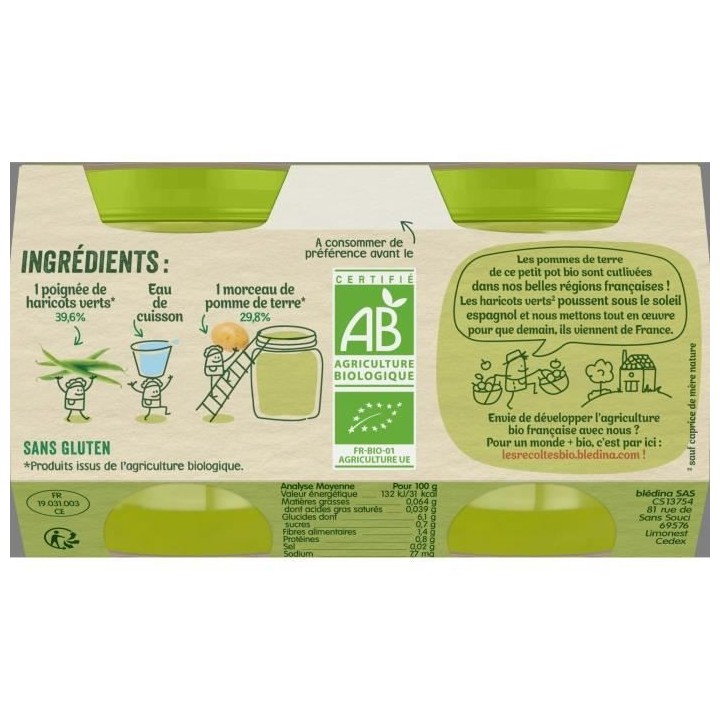 Blédina Les Récoltes Bio Pot Haricots Verts Pommes de Terre +4m 2 x