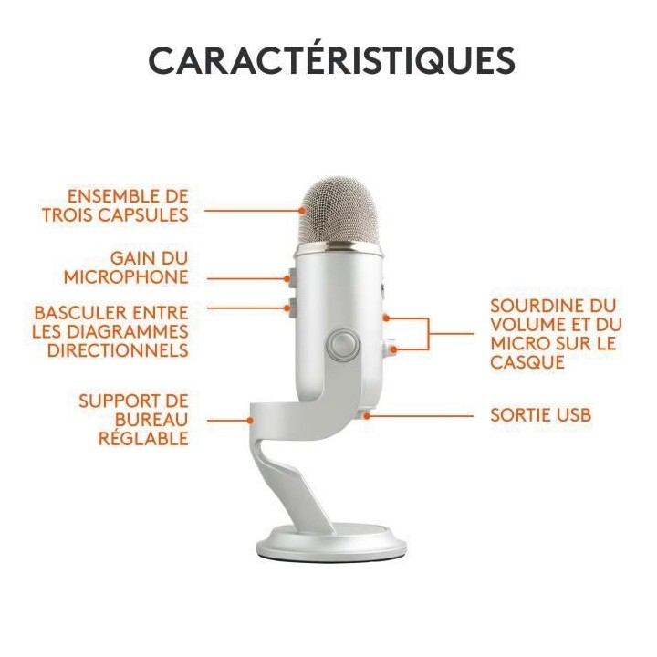 Microphone USB - Blue Yeti - Pour Enregistrement, Streaming, Gaming, P