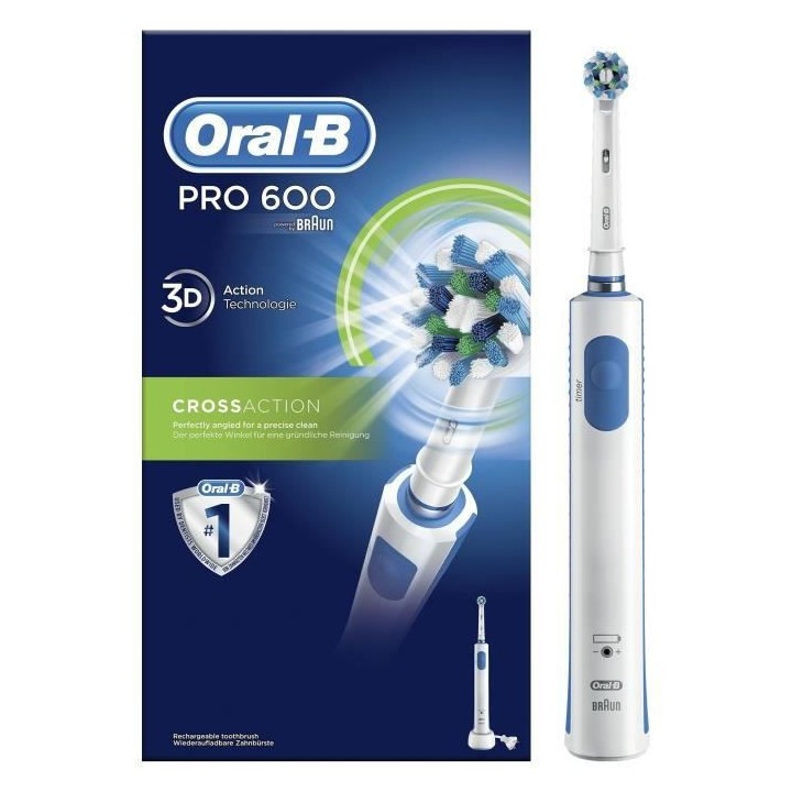 Oral-B PRO 600 Brosse a Dents Électrique Rechargeable, 1 Manche, 1 Br