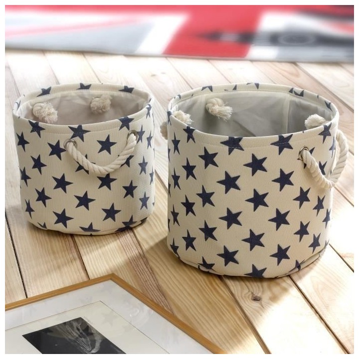 CASAME 2 Paniers ronds - 28 x 28 x 24 cm - Beige et Bleu