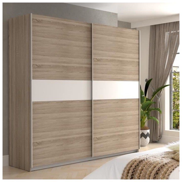 Armoire 2 portes coulissantes - Décor chene et Blanc mat - L 220,1 x