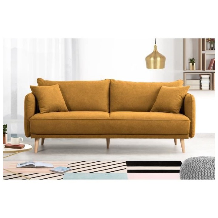 Canapé fixe 3 places DAREN - Tissu moutarde - L 207 x P 90 x H 88 cm