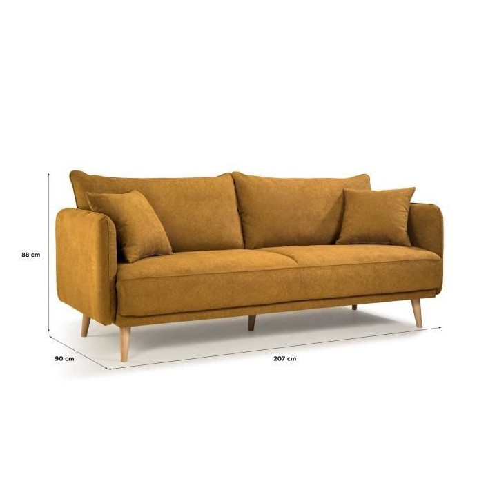 Canapé fixe 3 places DAREN - Tissu moutarde - L 207 x P 90 x H 88 cm