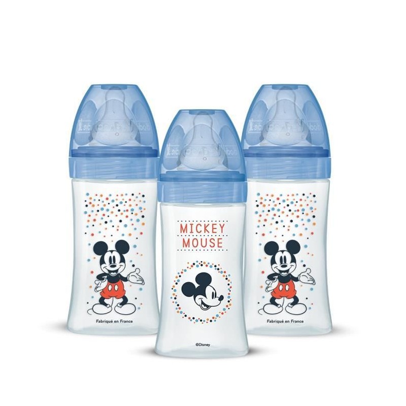 Lot de 3 Biberons DODIE Anti-Colique Initiation+ - Mickey - 270ml - 0-6 Mois - Tétine Ronde - Débit 2