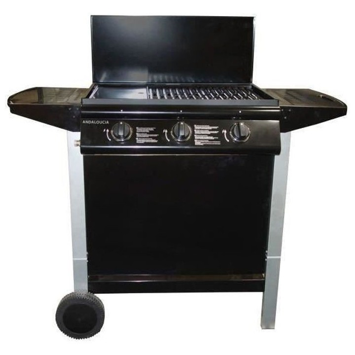 Barbecue a gaz mixte Grill + Plancha 3 brûleurs sur chariot - Fonte