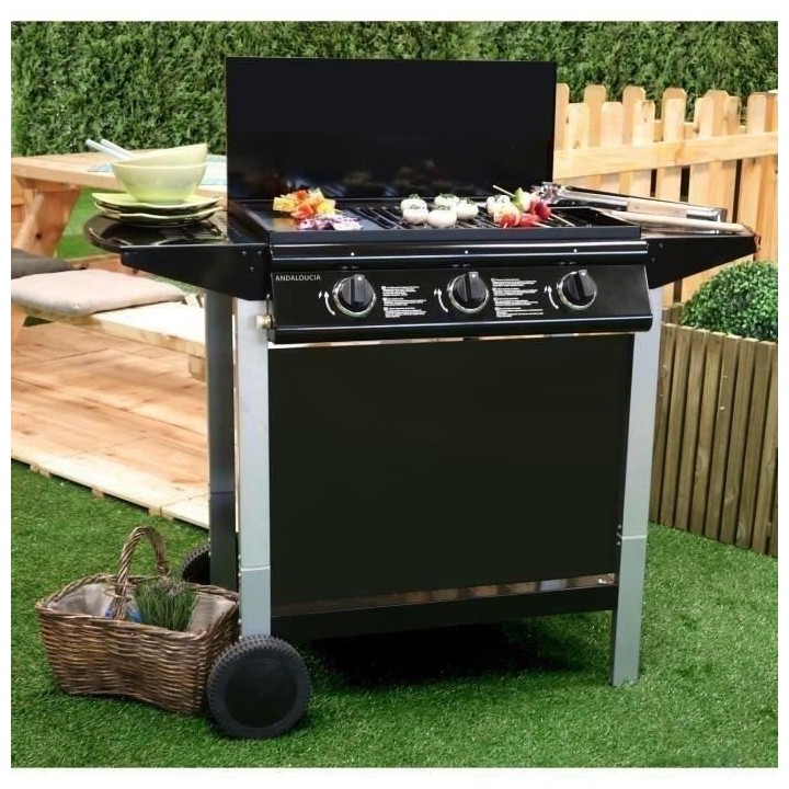 Barbecue a gaz mixte Grill + Plancha 3 brûleurs sur chariot - Fonte