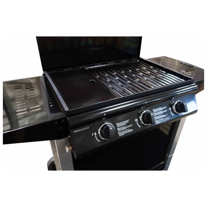 Barbecue a gaz mixte Grill + Plancha 3 brûleurs sur chariot - Fonte