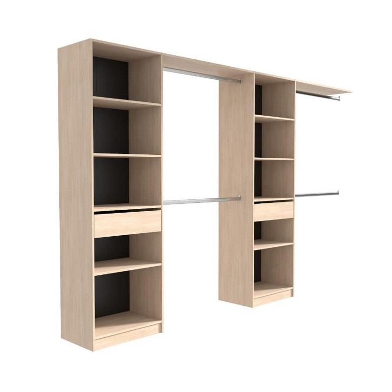 EKIPA Dressing extensible - 2 colonnes avec 2 tiroirs et 10 étageres + 4 penderies - Décor chene - L 320 x P 40 x H 200 cm - D