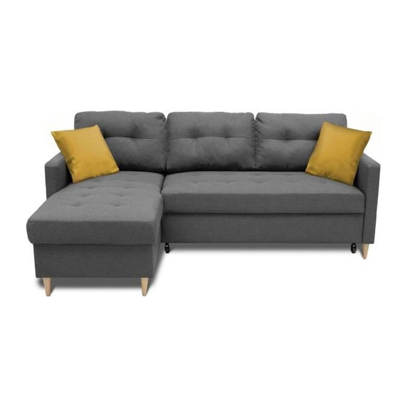 Canapé d'angle convertible réversible 4 places FALSLEV - Tissu gris - Coffre + 2 coussins jaune - L 215 x P 144 x H 90 cm