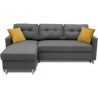 Canapé d'angle convertible réversible 4 places FALSLEV - Tissu gris - Coffre + 2 coussins jaune - L 215 x P 144 x H 90 cm