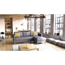 Canapé d'angle convertible réversible 4 places FALSLEV - Tissu gris - Coffre + 2 coussins jaune - L 215 x P 144 x H 90 cm