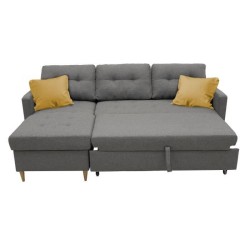 Canapé d'angle convertible réversible 4 places FALSLEV - Tissu gris - Coffre + 2 coussins jaune - L 215 x P 144 x H 90 cm