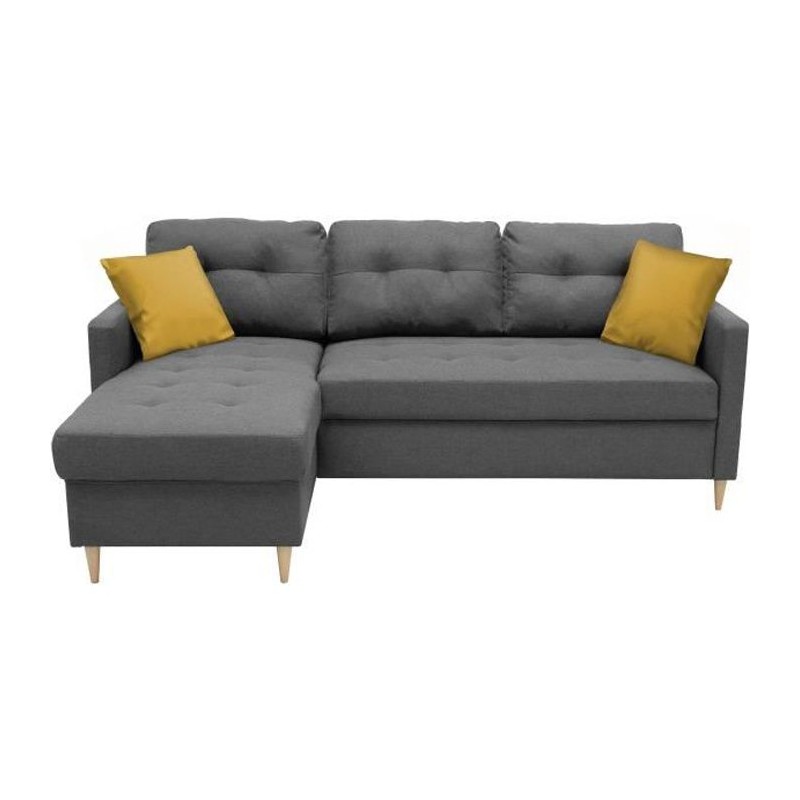 Canapé d'angle fixe réversible FALSLEV - Tissu gris + 2 coussins jaune - L 215 x P 145 x H 93 cm