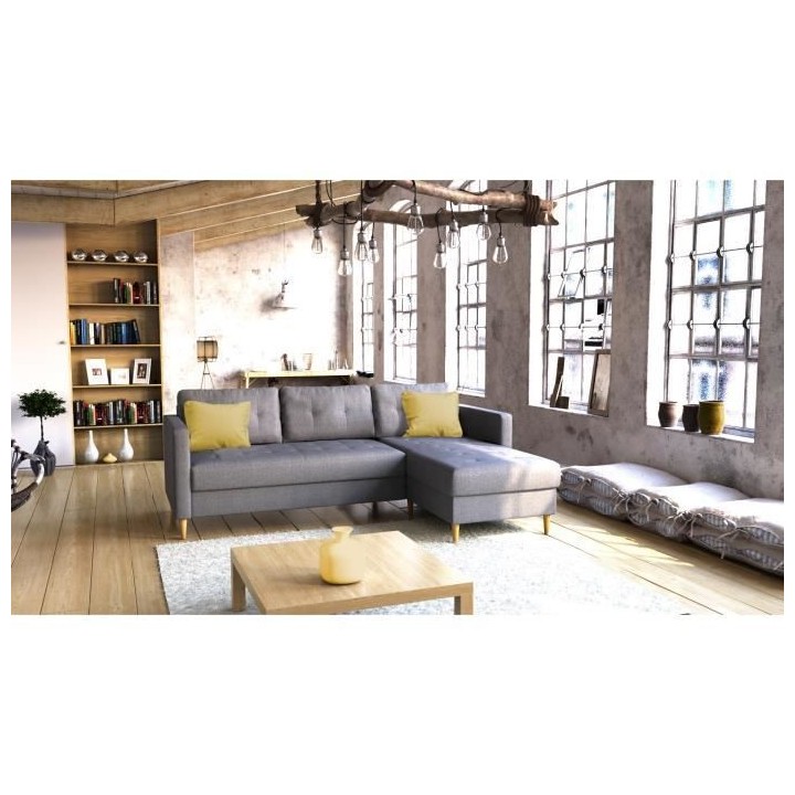 Canapé d'angle fixe réversible FALSLEV - Tissu gris + 2 coussins jau
