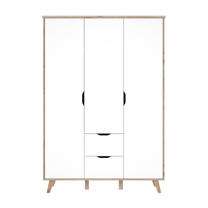 VANKKA Armoire - Pieds en bois massif - Décor chene et blanc mat - Style scandinave - Chambre - L 140 cm