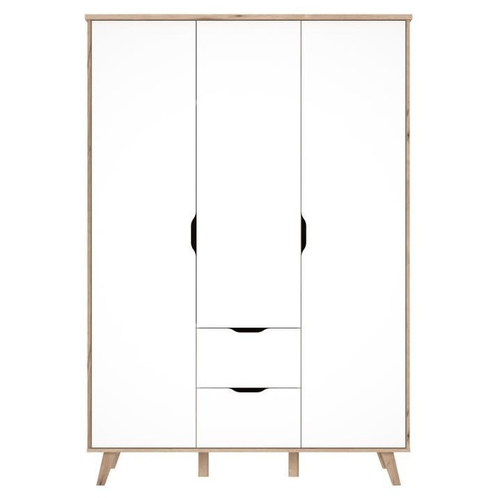 VANKKA Armoire - Pieds en bois massif - Décor chene et blanc mat - St