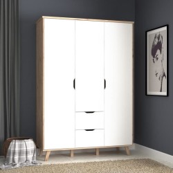 VANKKA Armoire - Pieds en bois massif - Décor chene et blanc mat - Style scandinave - Chambre - L 140 cm