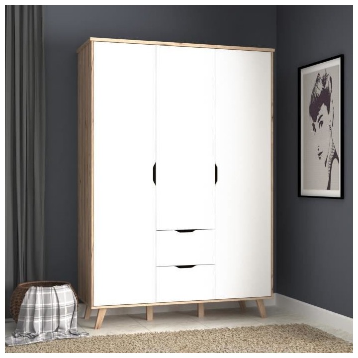 VANKKA Armoire - Pieds en bois massif - Décor chene et blanc mat - St