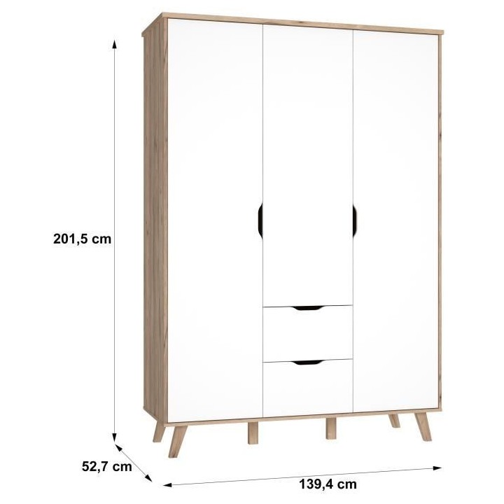 VANKKA Armoire - Pieds en bois massif - Décor chene et blanc mat - St