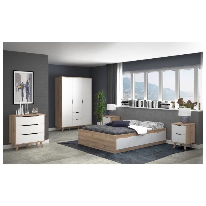 VANKKA Armoire - Pieds en bois massif - Décor chene et blanc mat - St