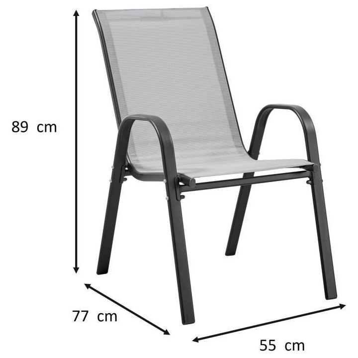 Lot de 4 fauteuils - Acier et textile - Hauteur du siege : 41 cm - Gri