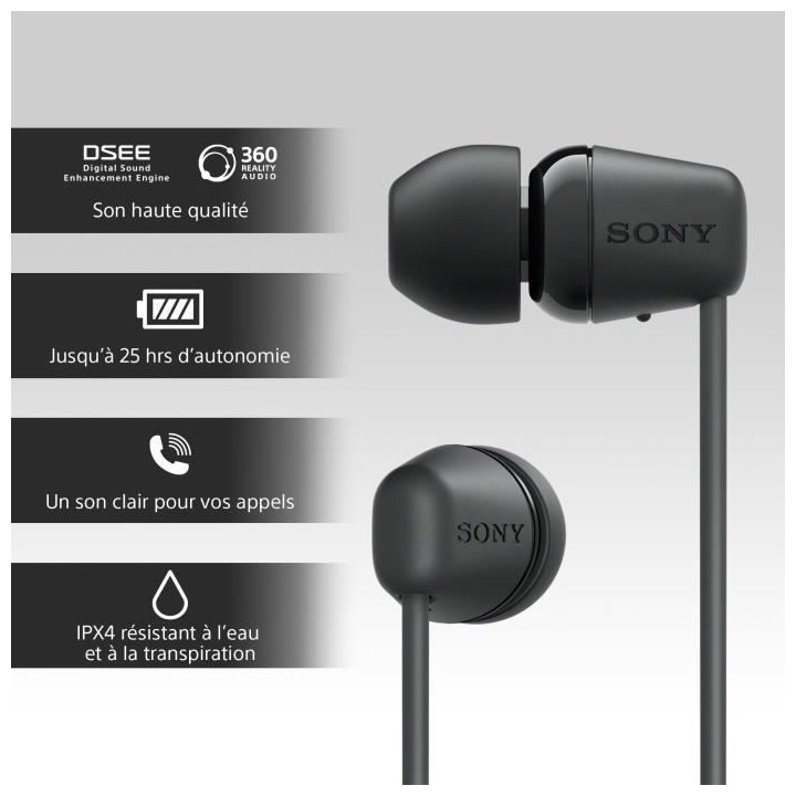 Écouteurs Bluetooth sans fil SONY WI-C100 - Autonomie jusqu'a 25 h -
