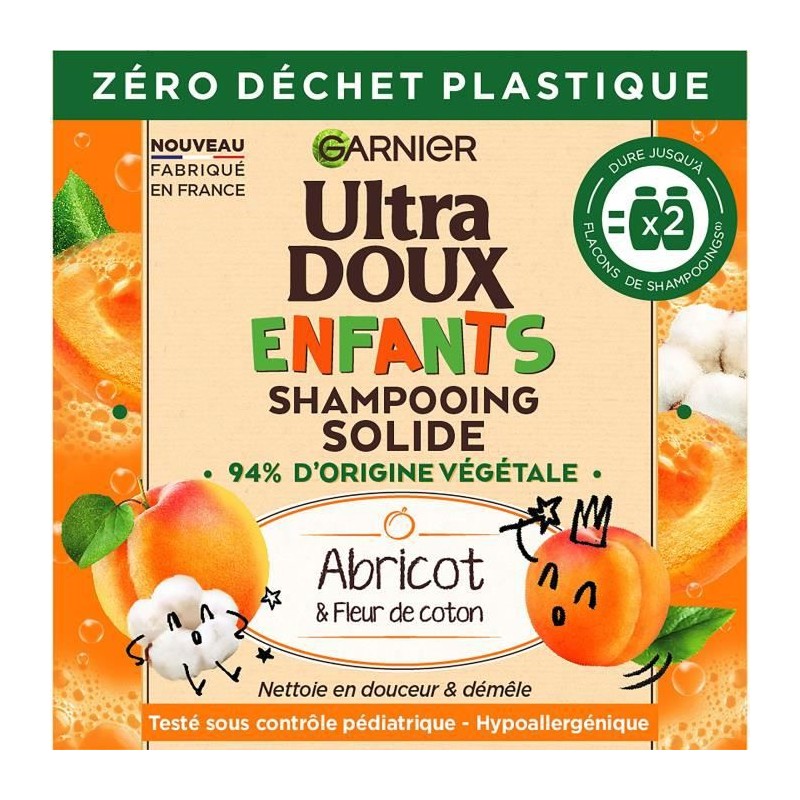 Shampooing Solide Ultra Doux GARNIER 2-en-1 - Enfants Abricot Fleur de Coton - 60 g