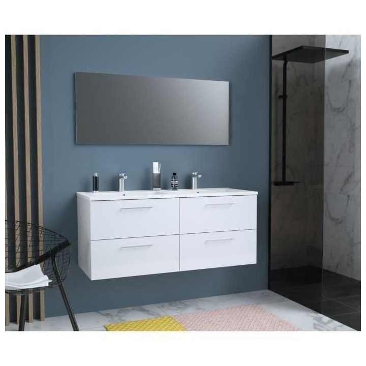 GLOSSY Meuble de Salle de bain double vasque L 120cm - Blanc laqué br