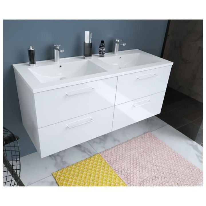 GLOSSY Meuble de Salle de bain double vasque L 120cm - Blanc laqué br