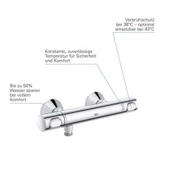 GROHE Mitigeur thermostatique douche Precision Flow, montage mural, protection anti-brûlure, raccord fileté 1/2, chromé,34840