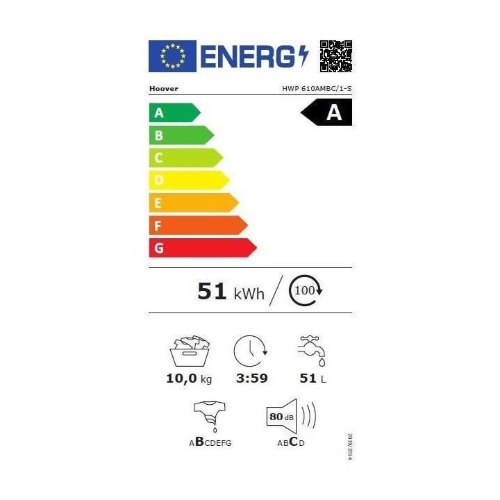 Lave-linge hublot HOOVER HWP 610AMBC/1-S - 10 kg - Induction - Vapeur