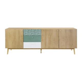 Buffet - Décor chene et vert - Pieds en bois massif - 3 portes + 3 ti