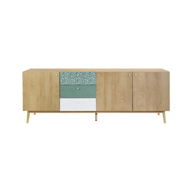 Buffet - Décor chene et vert - Pieds en bois massif - 3 portes + 3 tiroirs - GARDENIA - L 220 x P 50 x H 80 cm