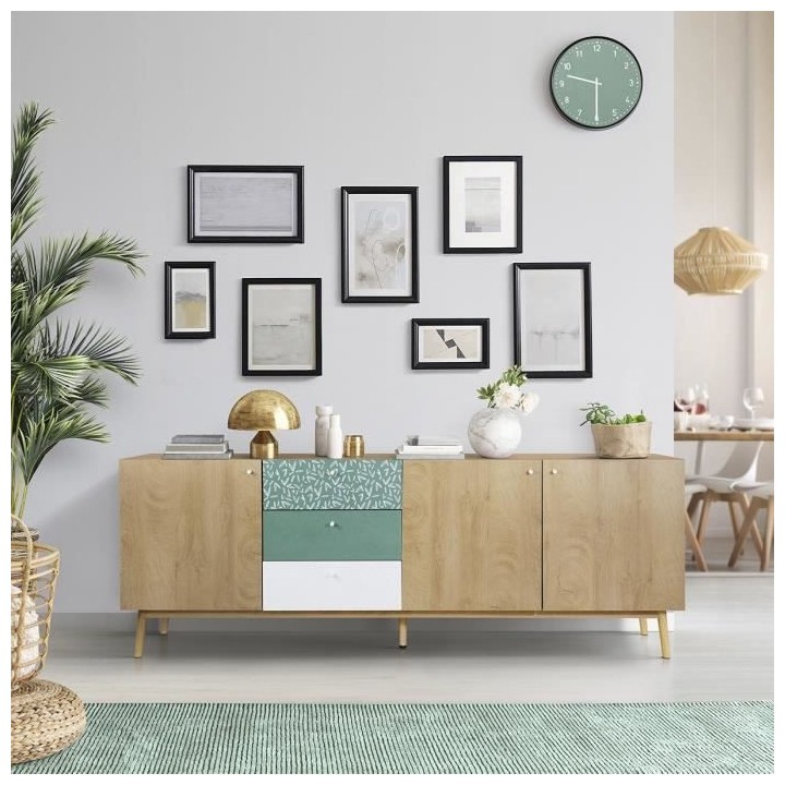 Buffet - Décor chene et vert - Pieds en bois massif - 3 portes + 3 ti