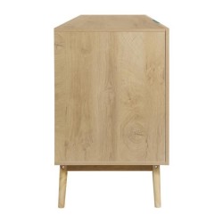 Buffet - Décor chene et vert - Pieds en bois massif - 3 portes + 3 tiroirs - GARDENIA - L 220 x P 50 x H 80 cm